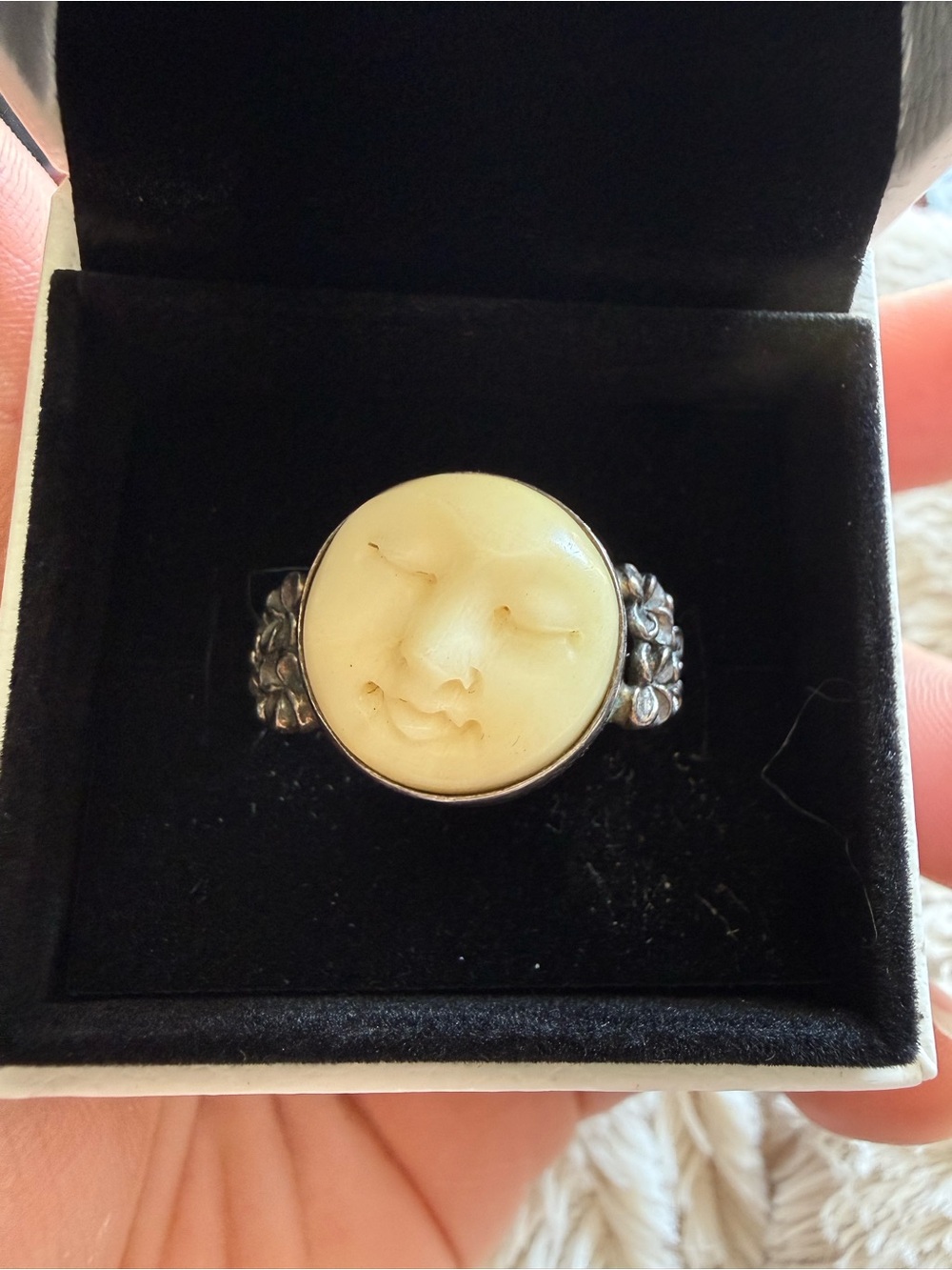 Sterling Silver Carved Moon Face Ring in Cream
